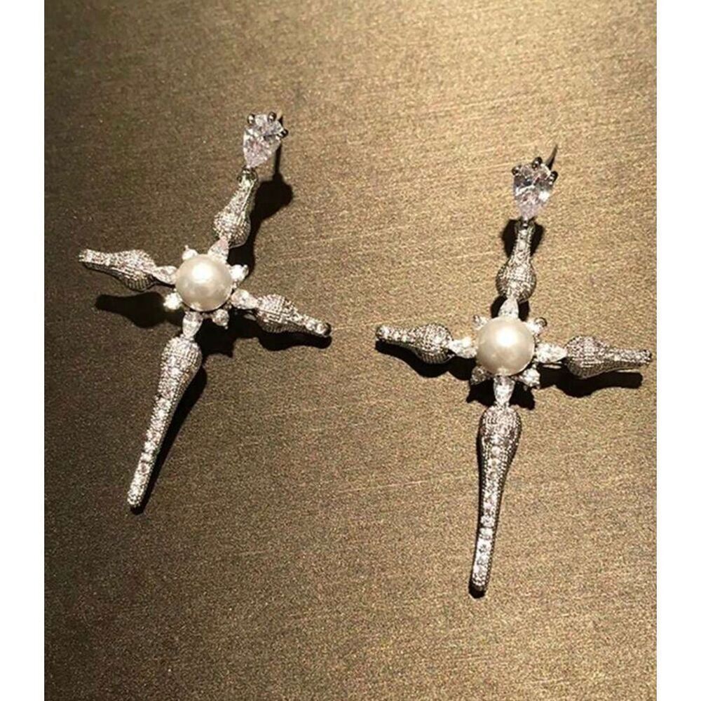 Baroque Style Pearl Cross Earrings